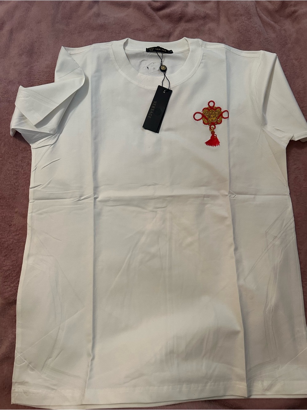 Versace White Short-Sleeve Crewneck T-Shirt with Red & Gold Embroidery